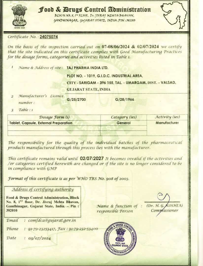 WHO-GMP Certificate - Taj Pharma Fluconazole